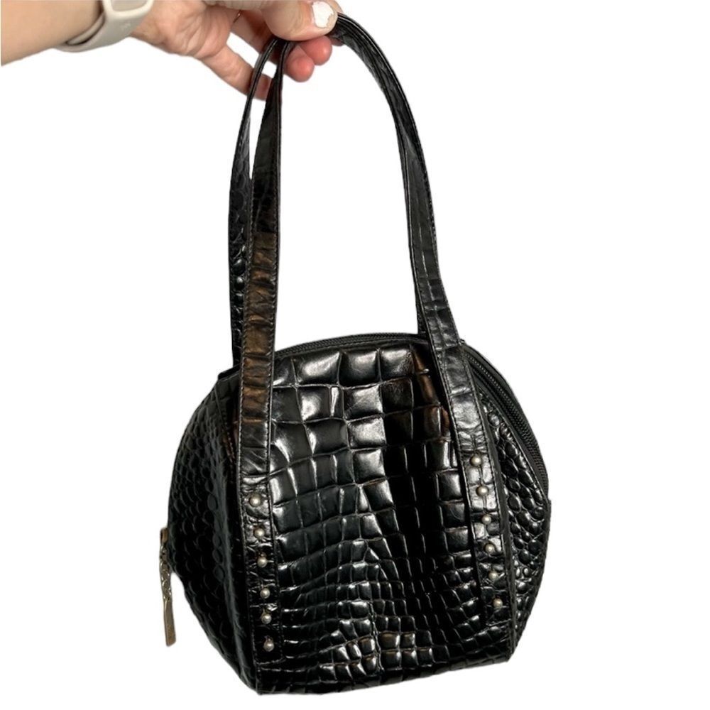 Rodo Vintage Black Croc Embossed Leather Studded Bowler Bag Classy Luxurious - Picture 2 of 9